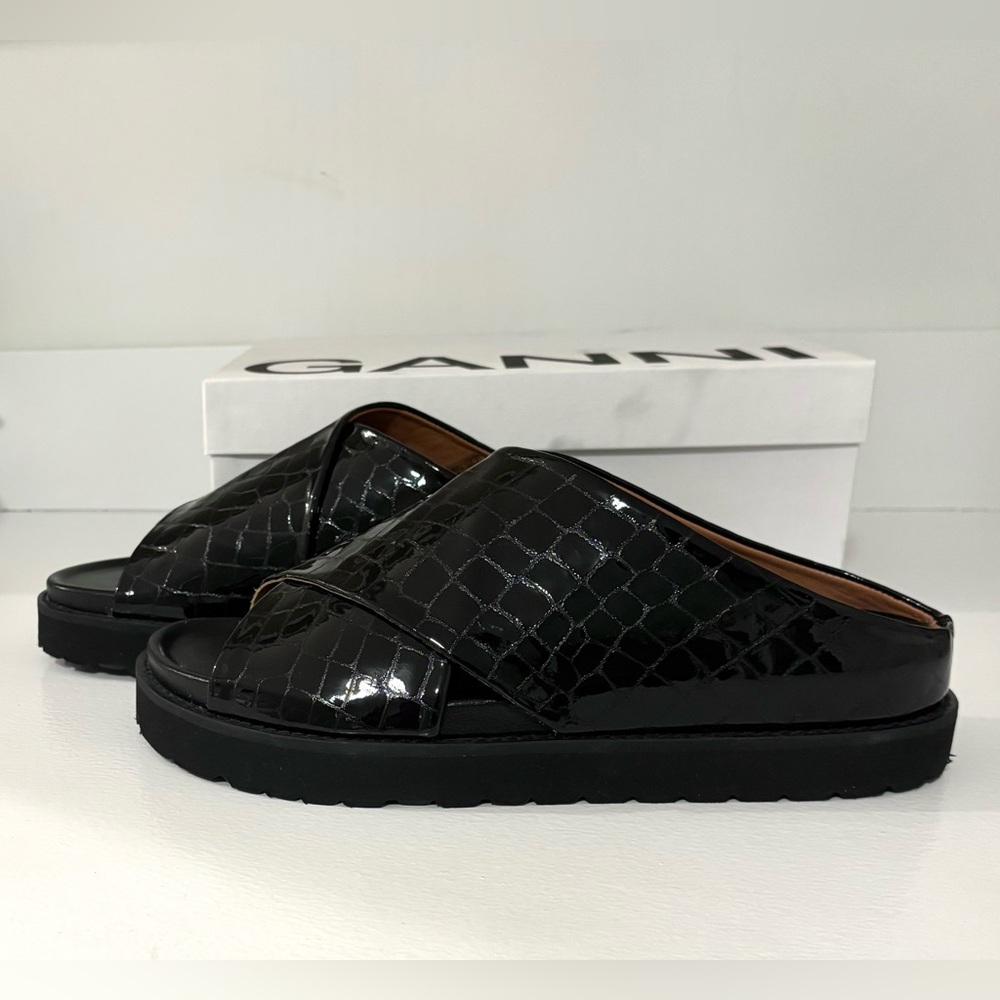 NEW GANNI Black Croc Crossover Platform Sandals - Picture 7 of 13